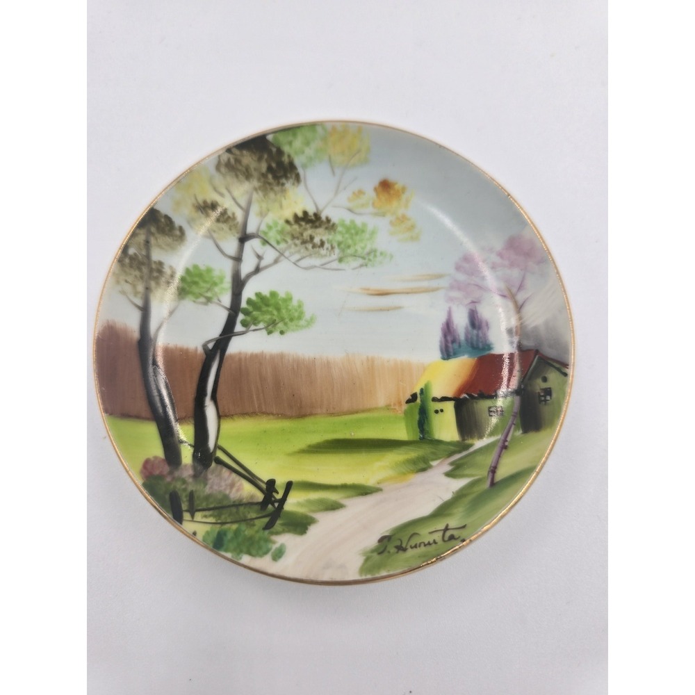 Vintage Japanese‎ Hand Painted Miniature Plate J. Kumata Signed Landscape Gold